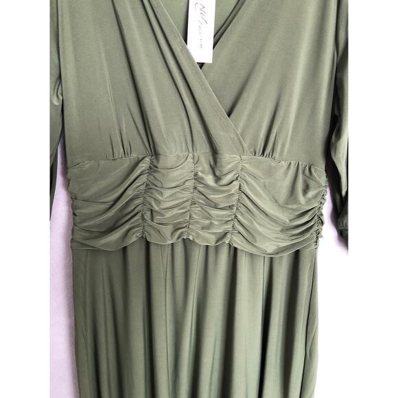 NY Collections Women's 2X V-Neck 3/4 Sleeve Be Slim Dress Olive NEW - Picture 3 of 8